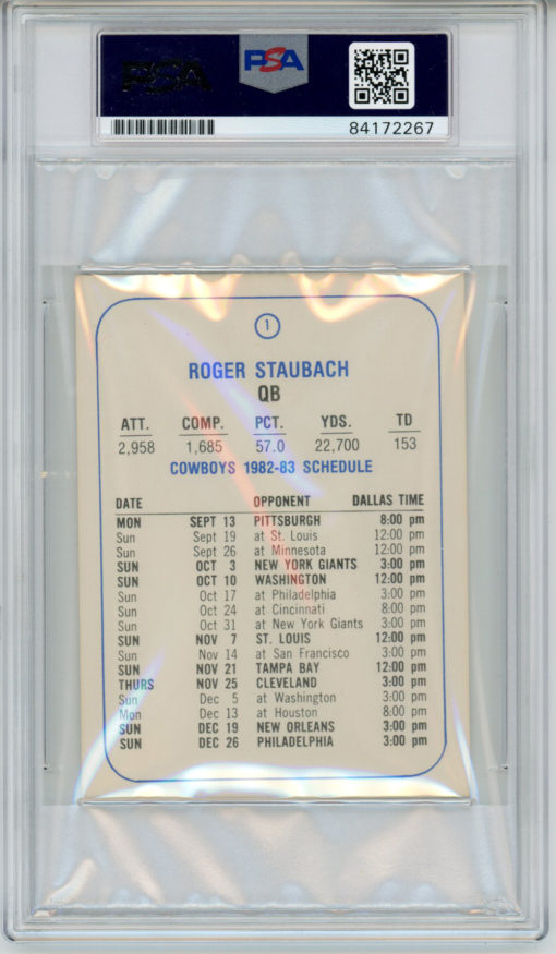 Roger Staubach Autographed Dallas Cowboys 1982 Schedule Card PSA Slab 32630