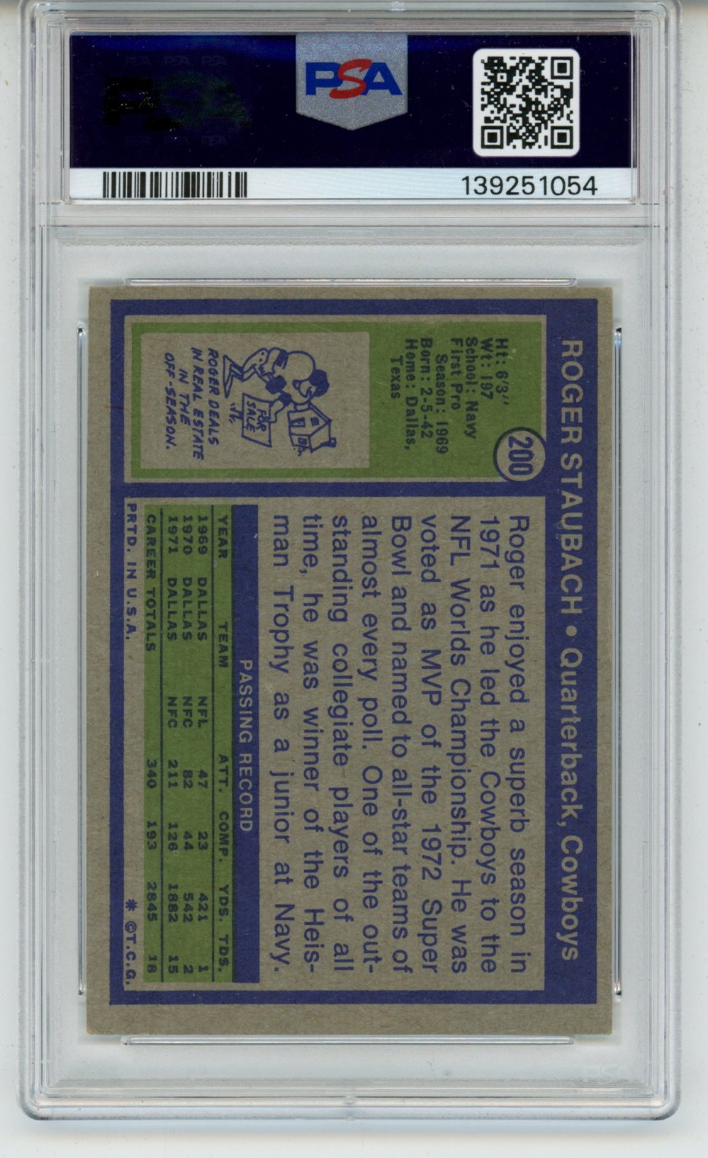 Roger Staubach Autographed Dallas Cowboys 1972 Topps Card HOF PSA 6 53191