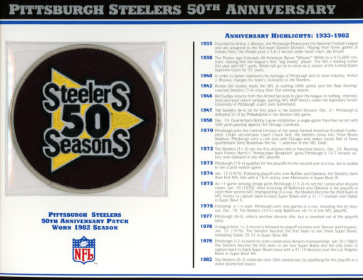 Pittsburgh Steelers 50th Anniversary Patch Stat Card Official Willabee & Ward