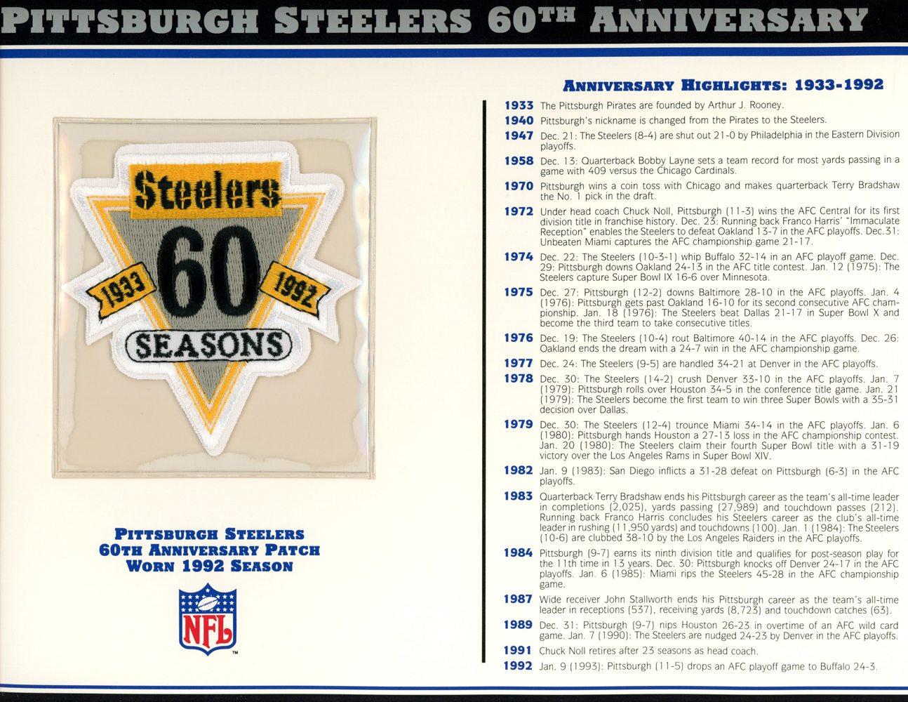 Pittsburgh Steelers 60th Anniversary Patch Stat Card Official Willabee & Ward