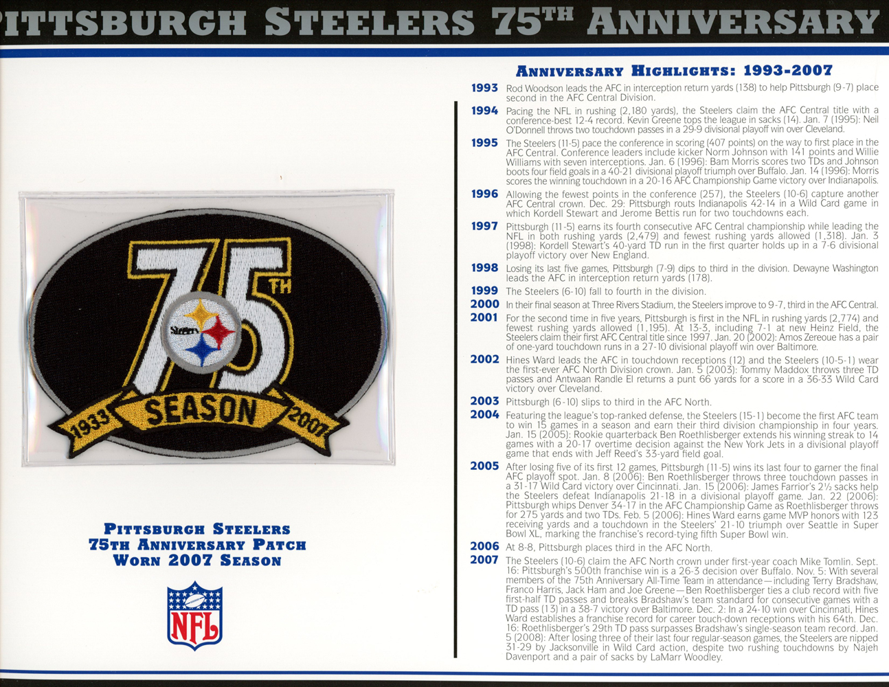 Pittsburgh Steelers 75th Anniversary Patch Stat Card Official Willabee & Ward