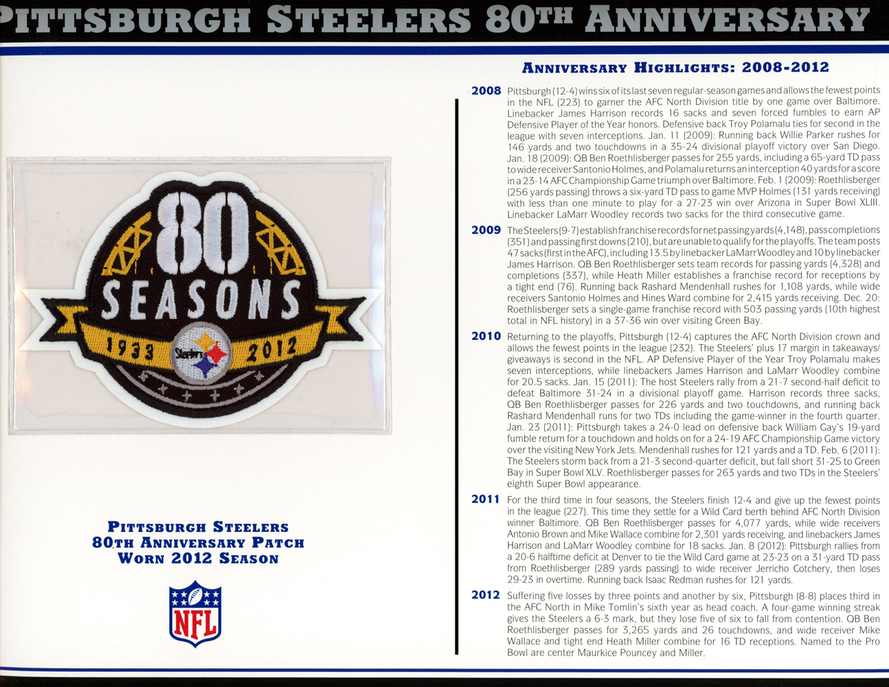 Pittsburgh Steelers 80th Anniversary Patch Stat Card Official Willabee & Ward