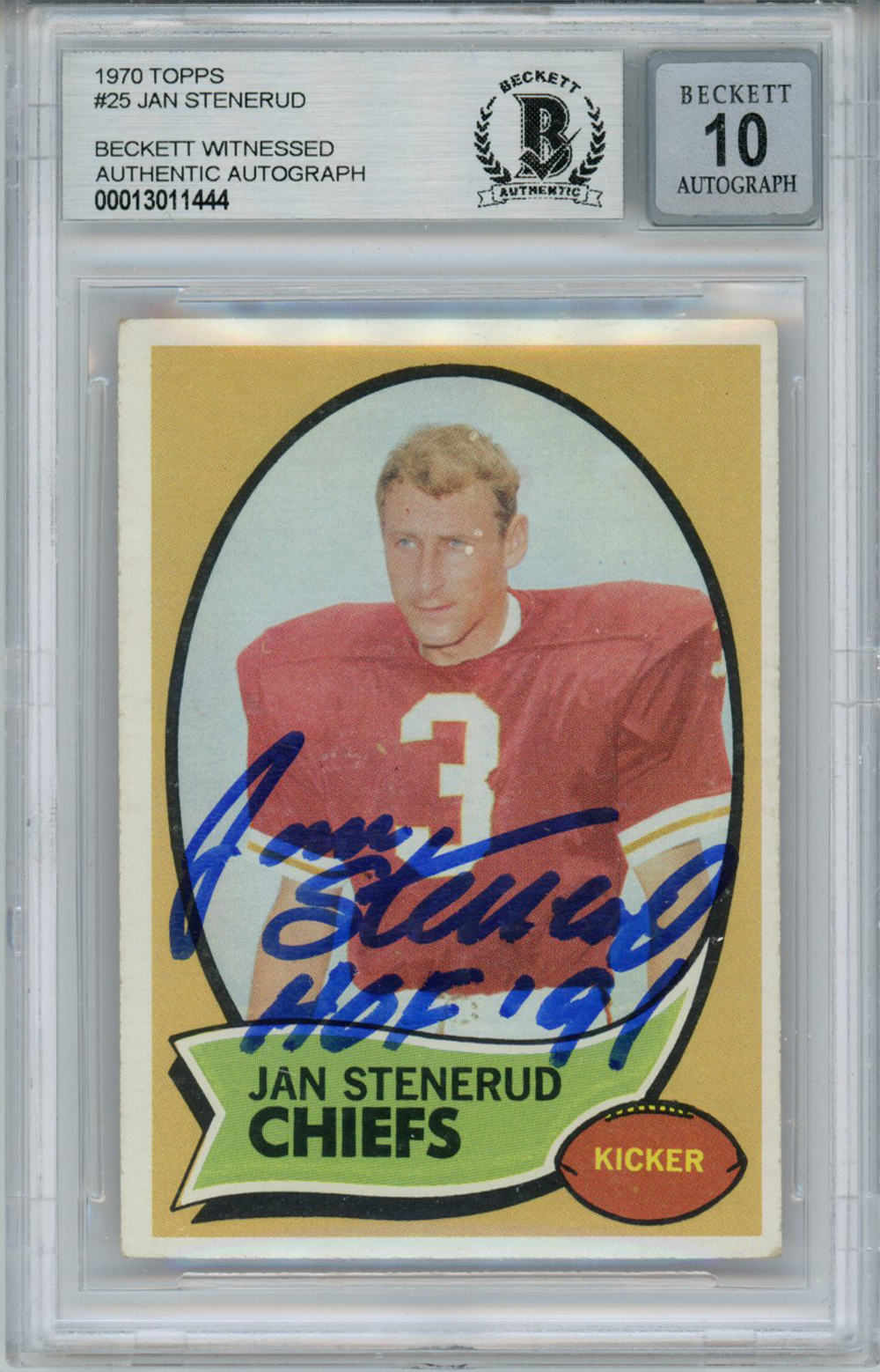 Jan Stenerud Autographed 1970 Topps #25 Rookie Card HOF BAS 10 Slab