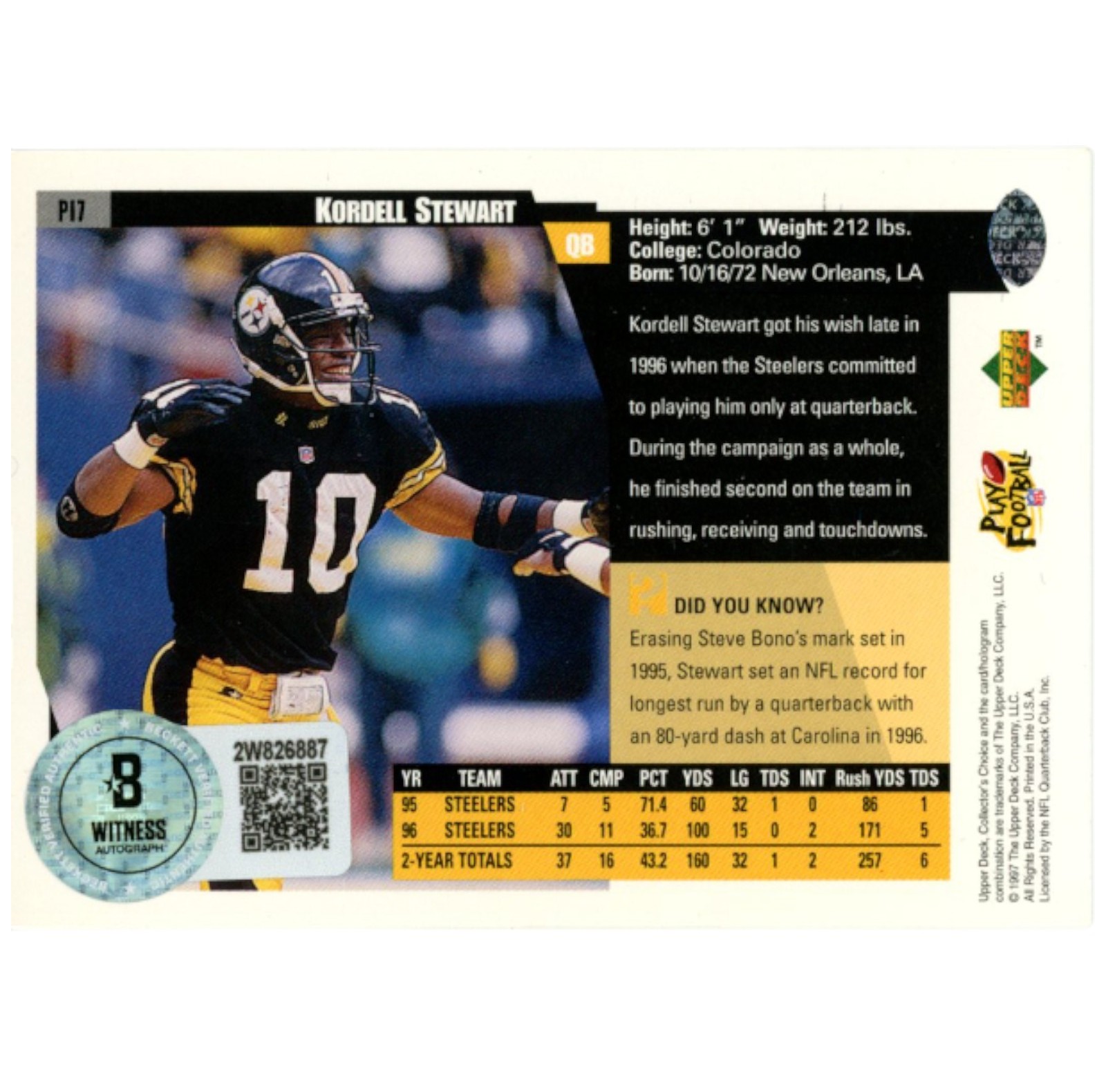 Kordell Stewart Autographed 97 UD Choice Team Set P17 Trading Card Beckett 52826 2 Kordell Stewart Autographed 97 UD Choice Team Set P17 Trading Card Beckett 52826