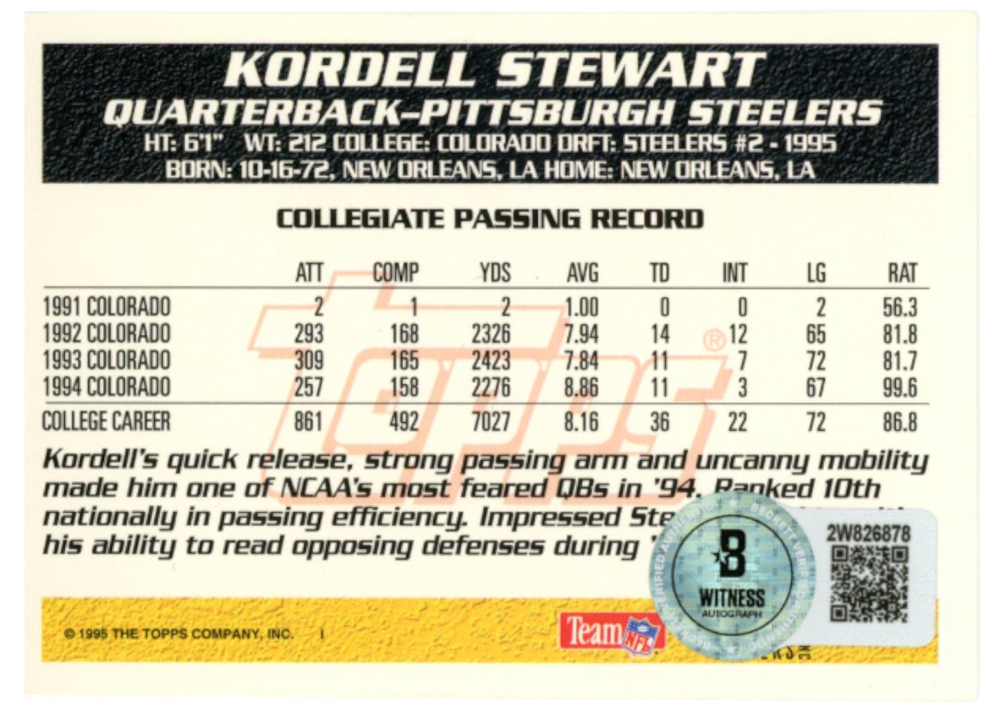 Kordell Stewart Autographed 95 Topps #428 Trading Card Beckett Witness 52816 2 Kordell Stewart Autographed 95 Topps #428 Trading Card Beckett Witness 52816