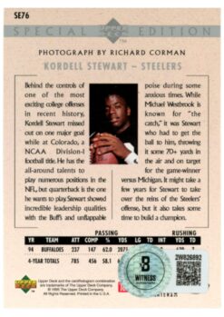 Kordell Stewart Autographed 95 UD SE Silver #SE76 Trading Card Beckett W 52805