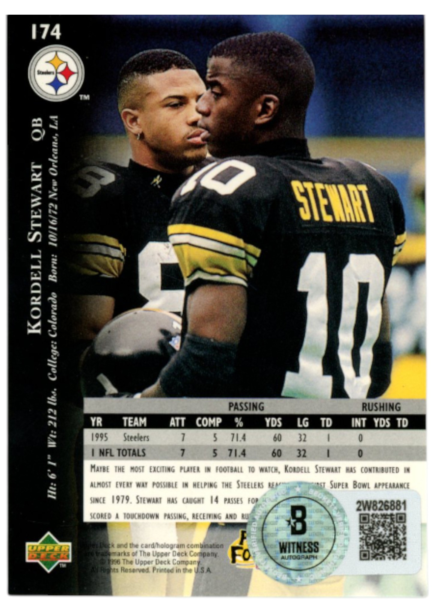 Kordell Stewart Autographed 96 UD Silver #174 Trading Card Beckett Witness 52813 2 Kordell Stewart Autographed 96 UD Silver #174 Trading Card Beckett Witness 52813
