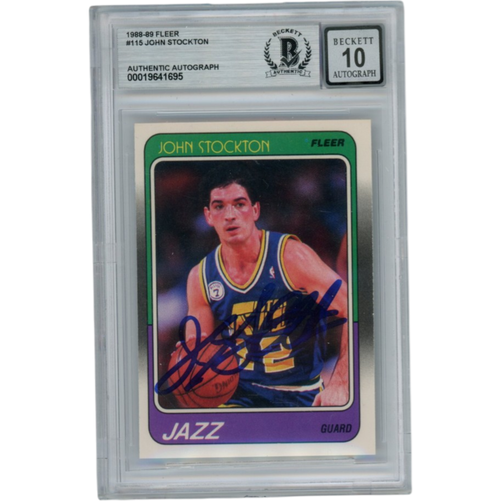 John Stockton Autographed 1988 Fleer #115 10 Slabbed Trading Card Beckett 53107
