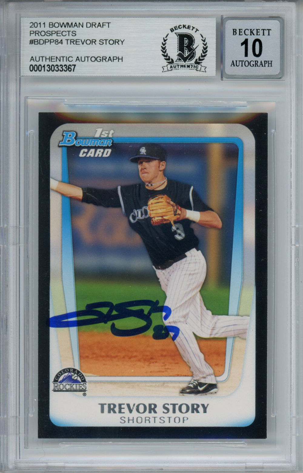 Trevor Story Autographed 2011 Bowman #BBPP84 Trading Card Beckett Slab –  Denver Autographs