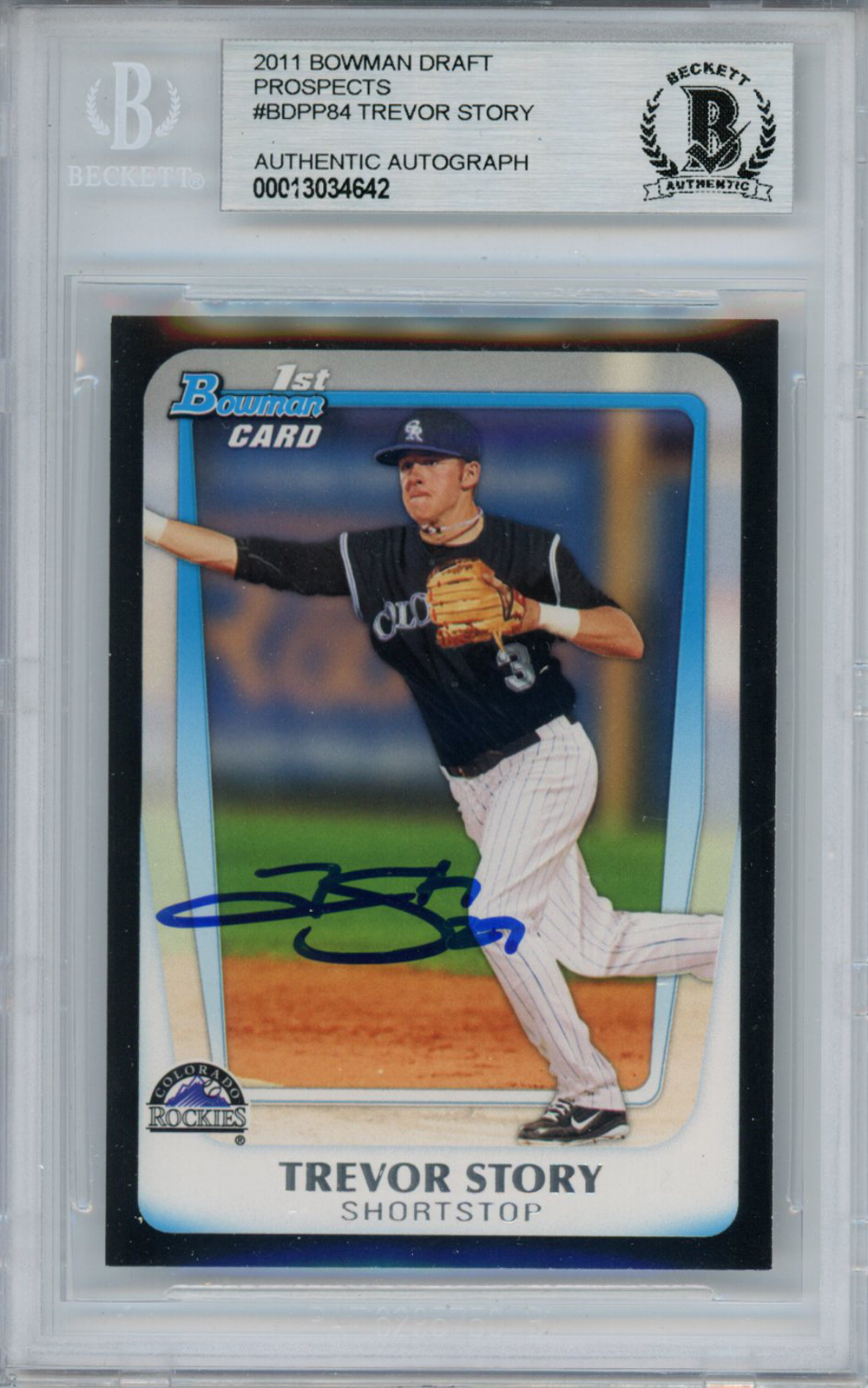 Trevor Story Autographed 2011 Bowman #BBPP84 Trading Card Beckett Slab –  Denver Autographs