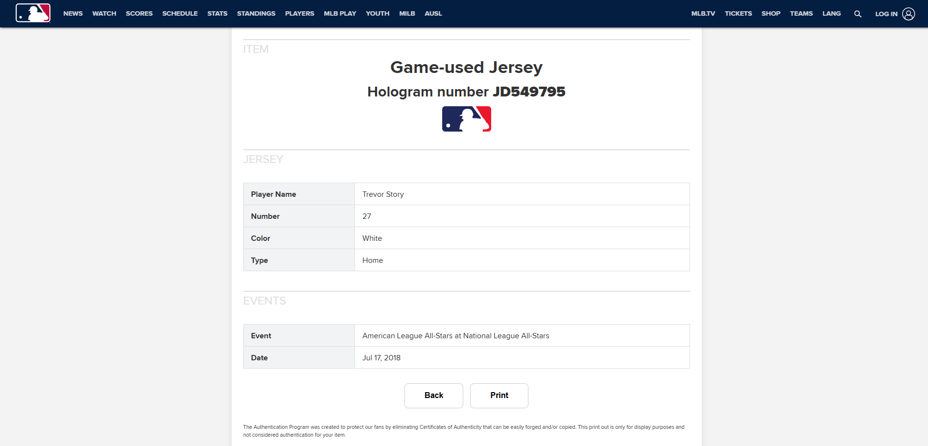 Trevor Story Signed '18 ASG Game Used Photomatched Rockies Jersey Bekett 57817 17 Trevor Story Signed '18 ASG Game Used Photomatched Rockies Jersey Bekett 57817