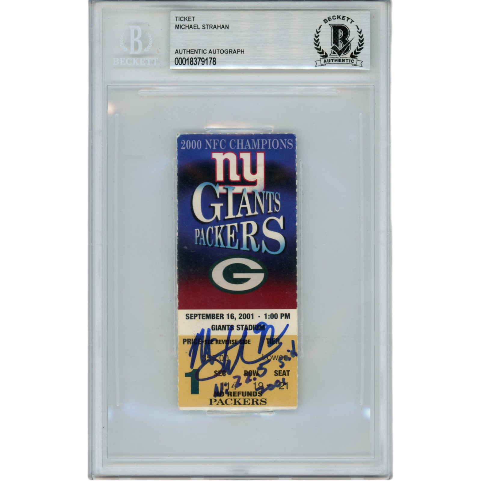 Michael Strahan Autographed New York Giants 2001 Ticket 22.5 Sacks Beckett 49829