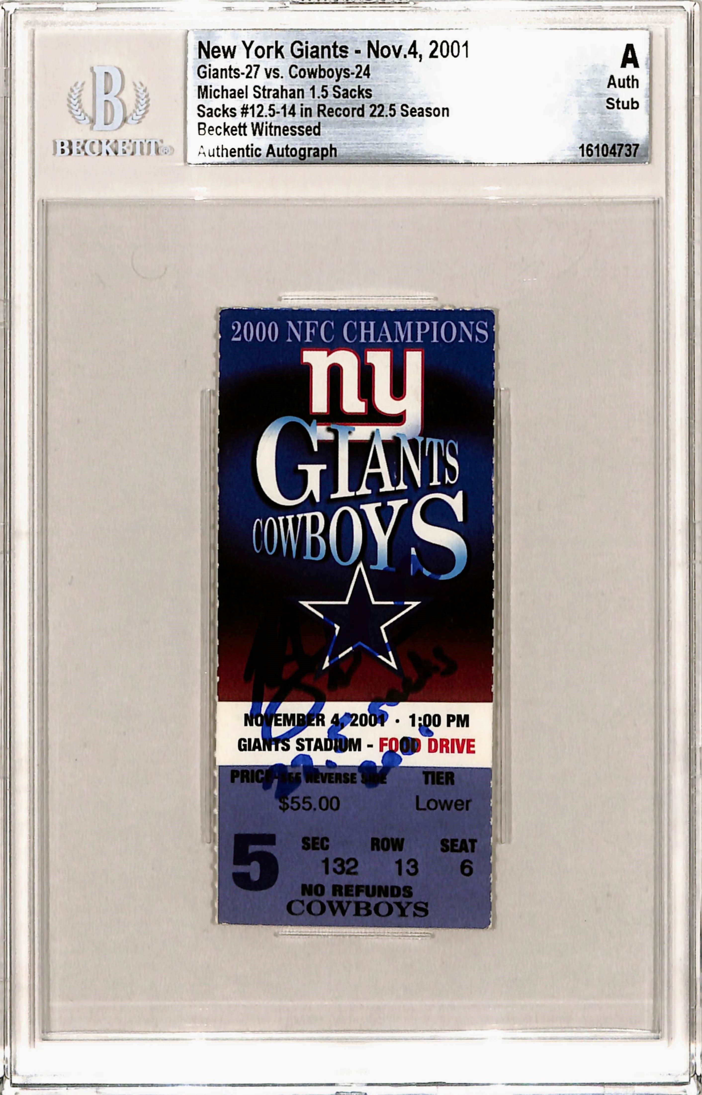 Michael Strahan Signed New York Giants Ticket Stub 11/04/01 Beckett Slab