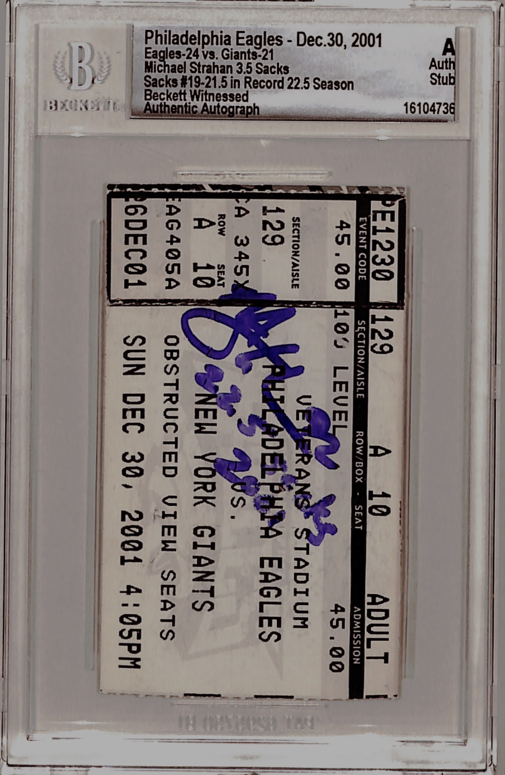 Michael Strahan Signed New York Giants Ticket Stub 12/30/01 Beckett Slab