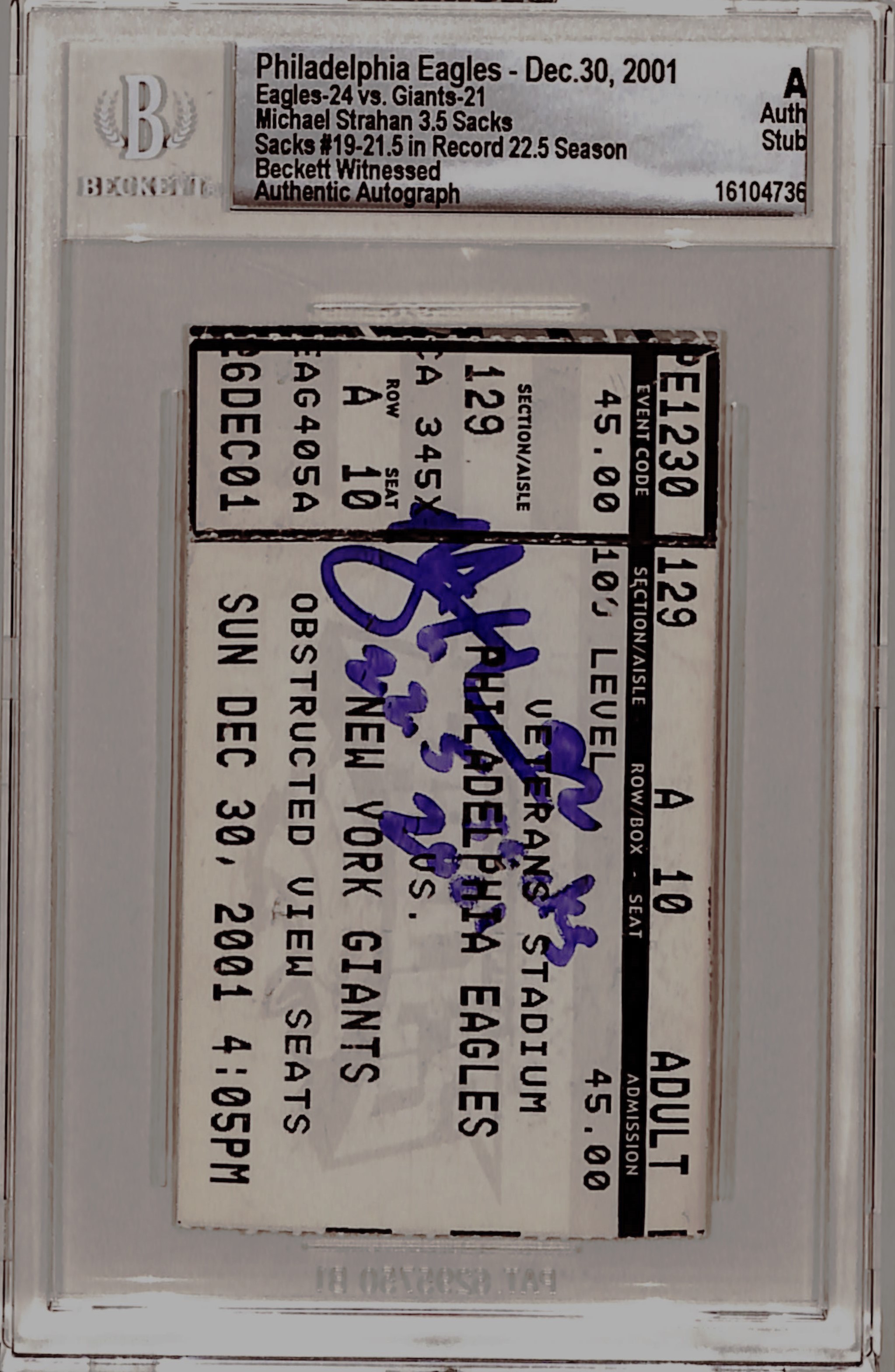 Michael Strahan Signed New York Giants Ticket Stub 12/30/01 Beckett Slab 