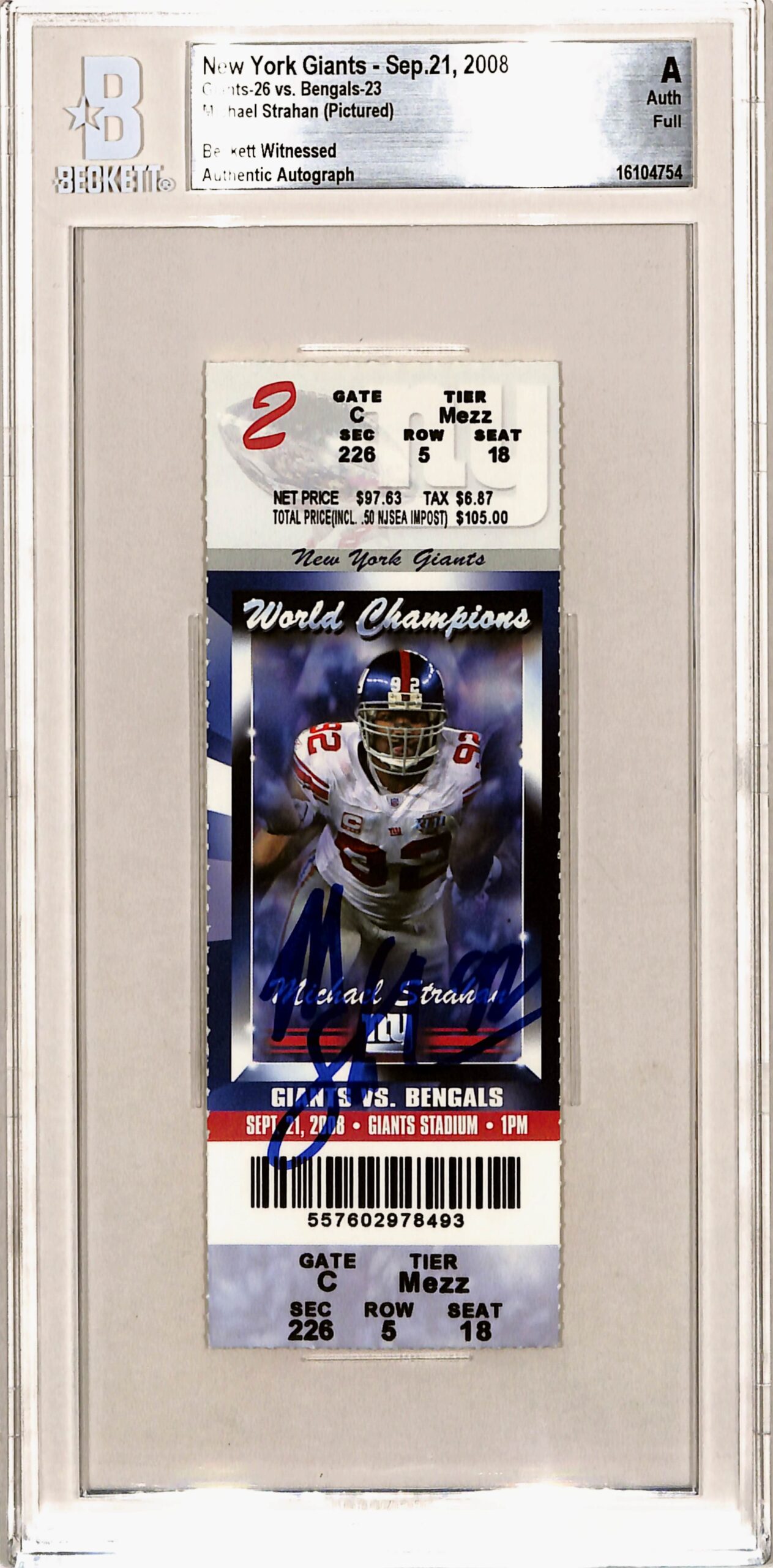 Michael Strahan Signed New York Giants Ticket Stub 09/21/08 Beckett Slab