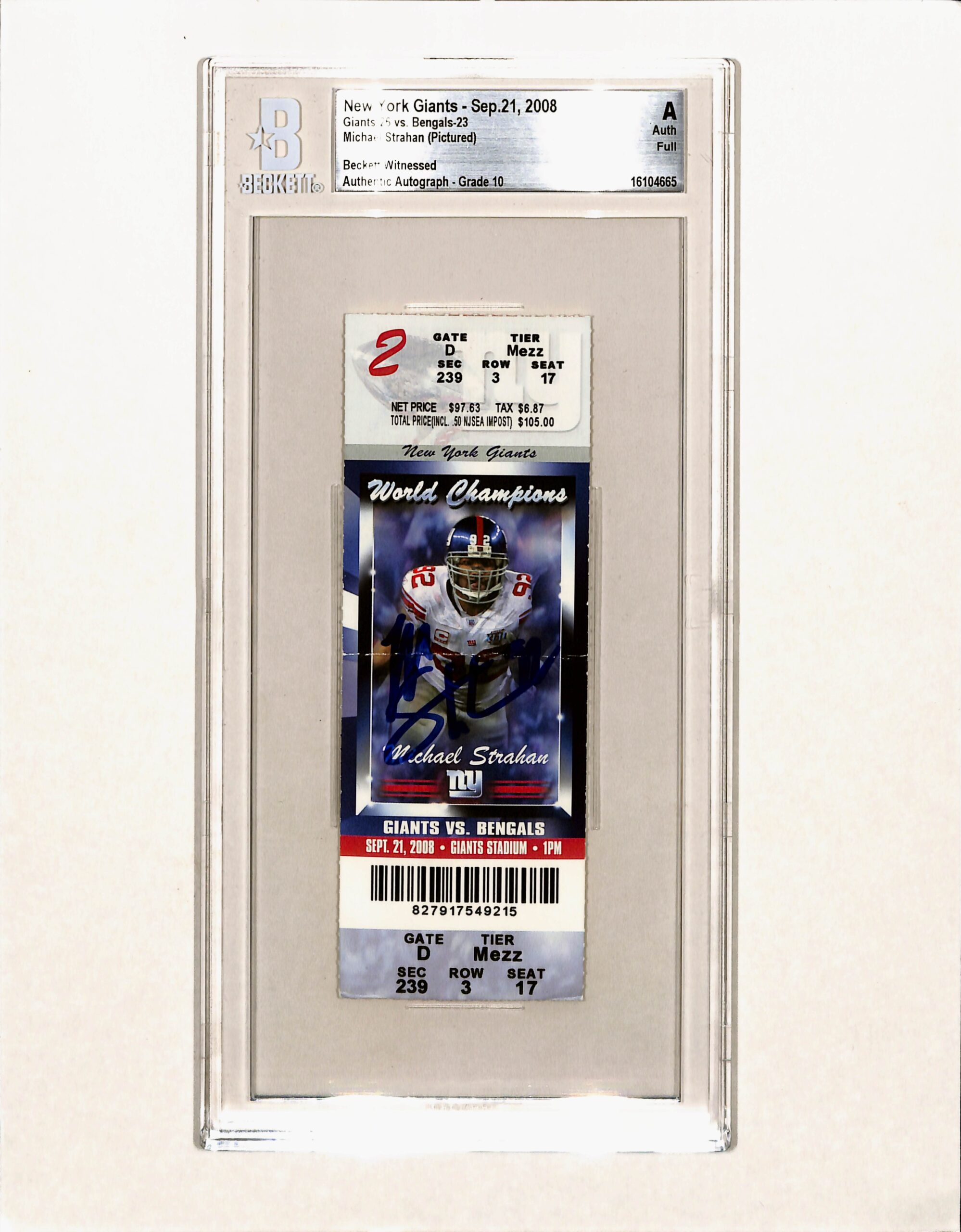 Michael Strahan Signed New York Giants Ticket Stub 09/21/08 Beckett Slab