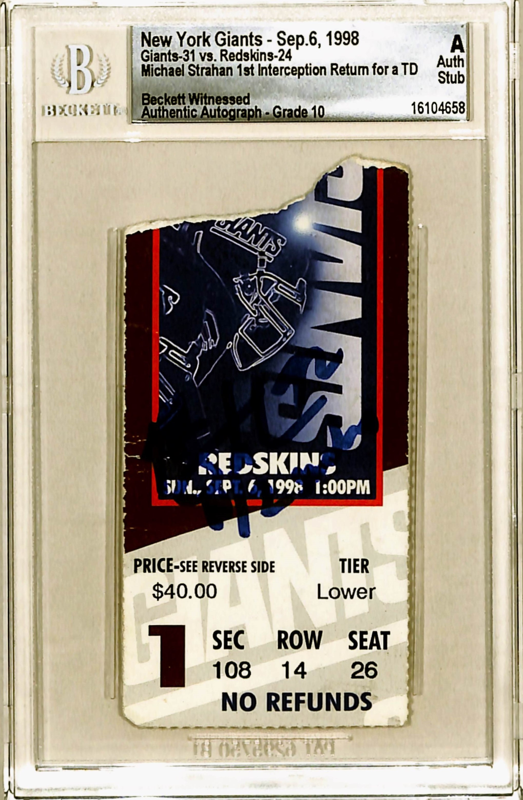 Michael Strahan Signed New York Giants Ticket Stub 09/06/98 Beckett Slab 