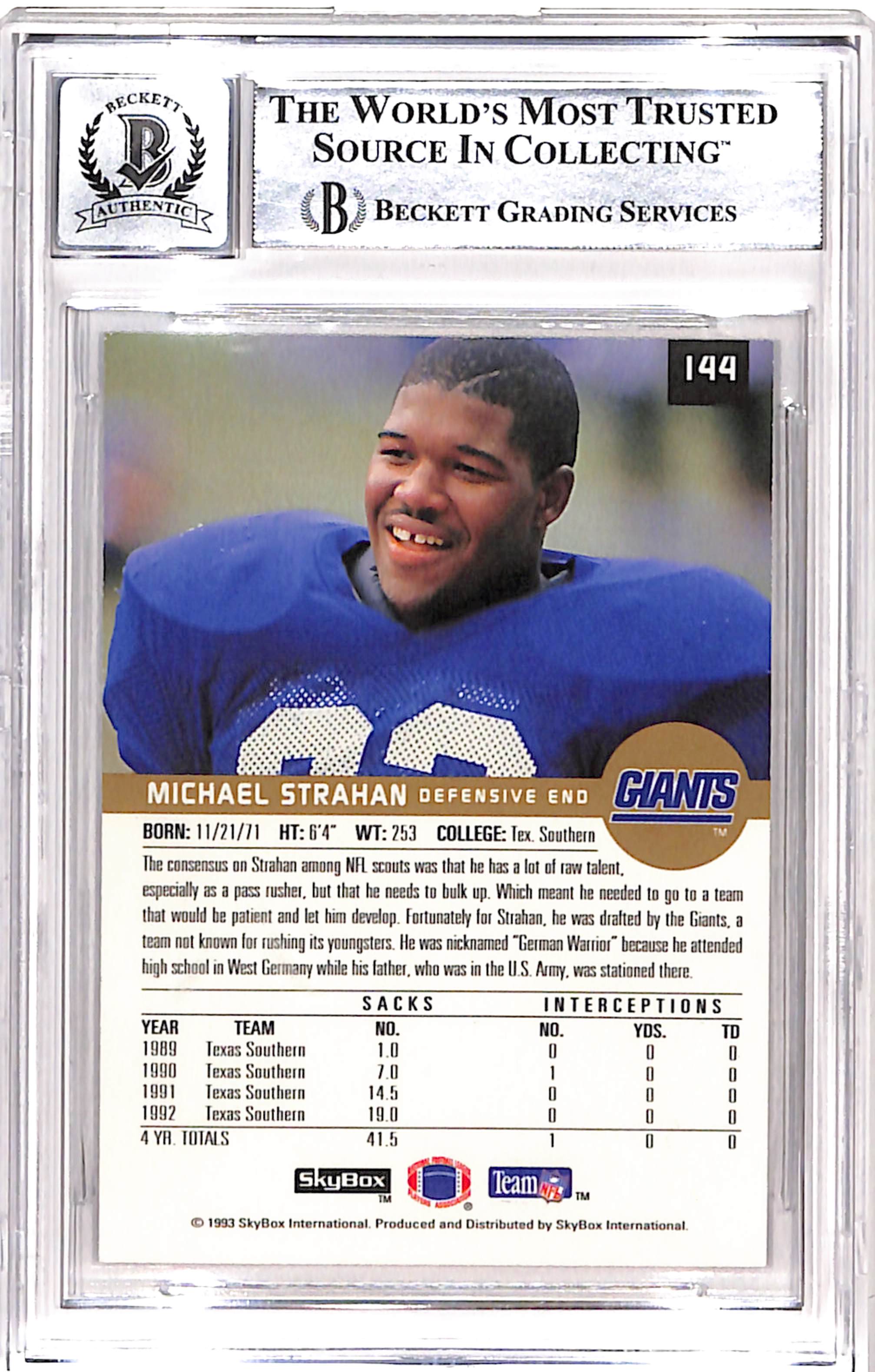 Michael Strahan Signed 1993 Skybox #144 Card 10 Auto Beckett