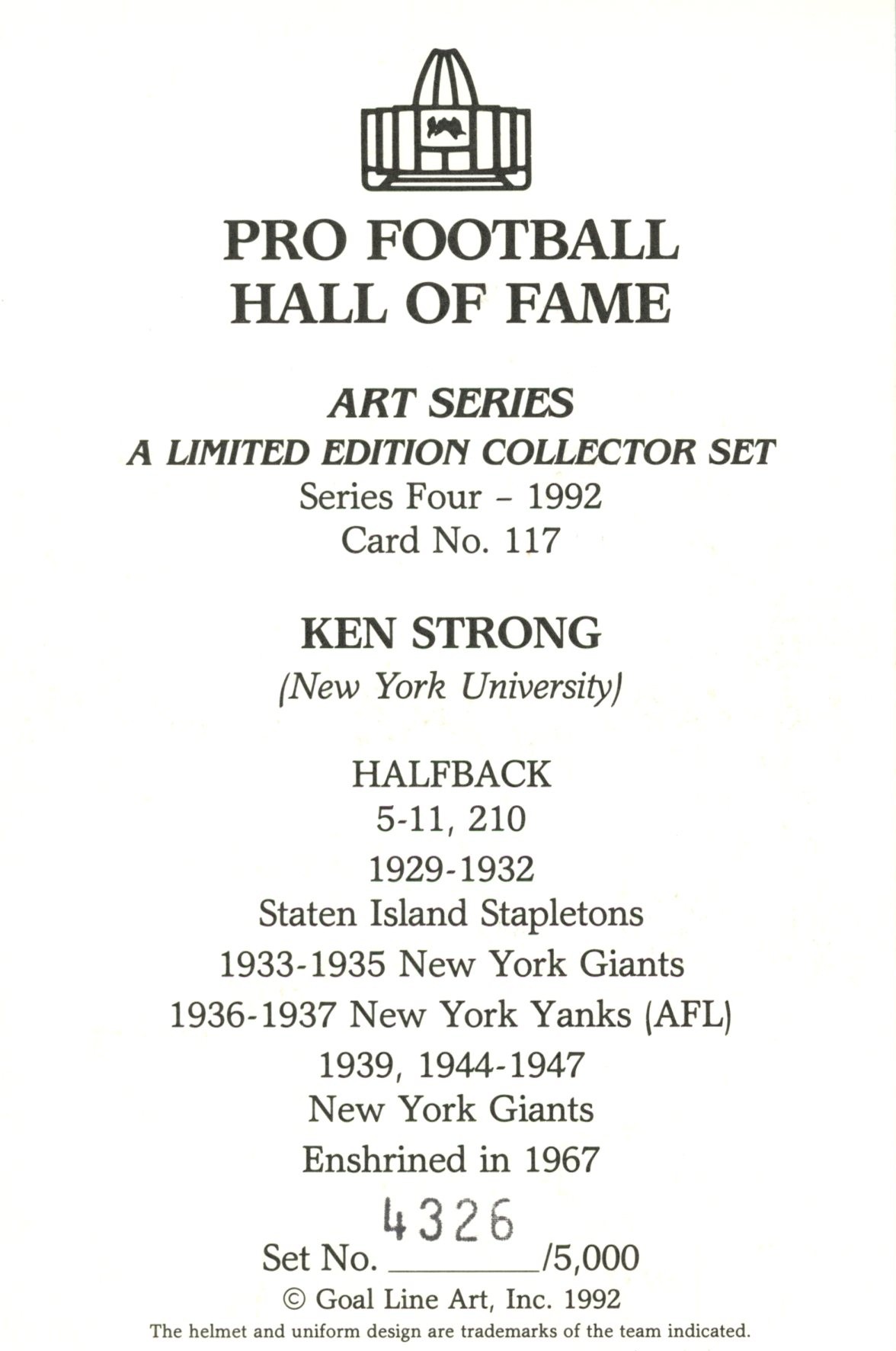 Ken Strong New York Giants Goal Line Art Card Series 4 No Ken Strong New York Giants Goal Line Art Card Series 4 No. 117 LE /5000 58159