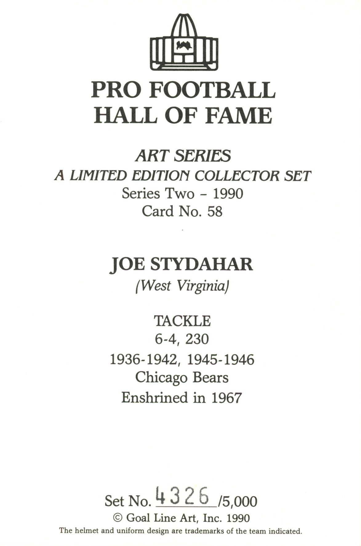 Joe Stydahar Chicago Bears Goal Line Art Card Series 2 No Joe Stydahar Chicago Bears Goal Line Art Card Series 2 No. 58 LE /5000 58160