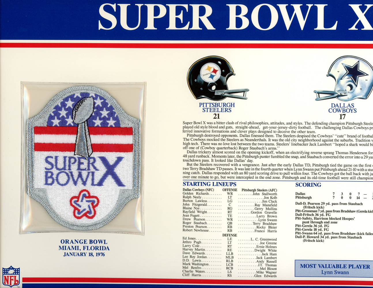 Super Bowl X Patch Stat Card Official Willabee & Ward