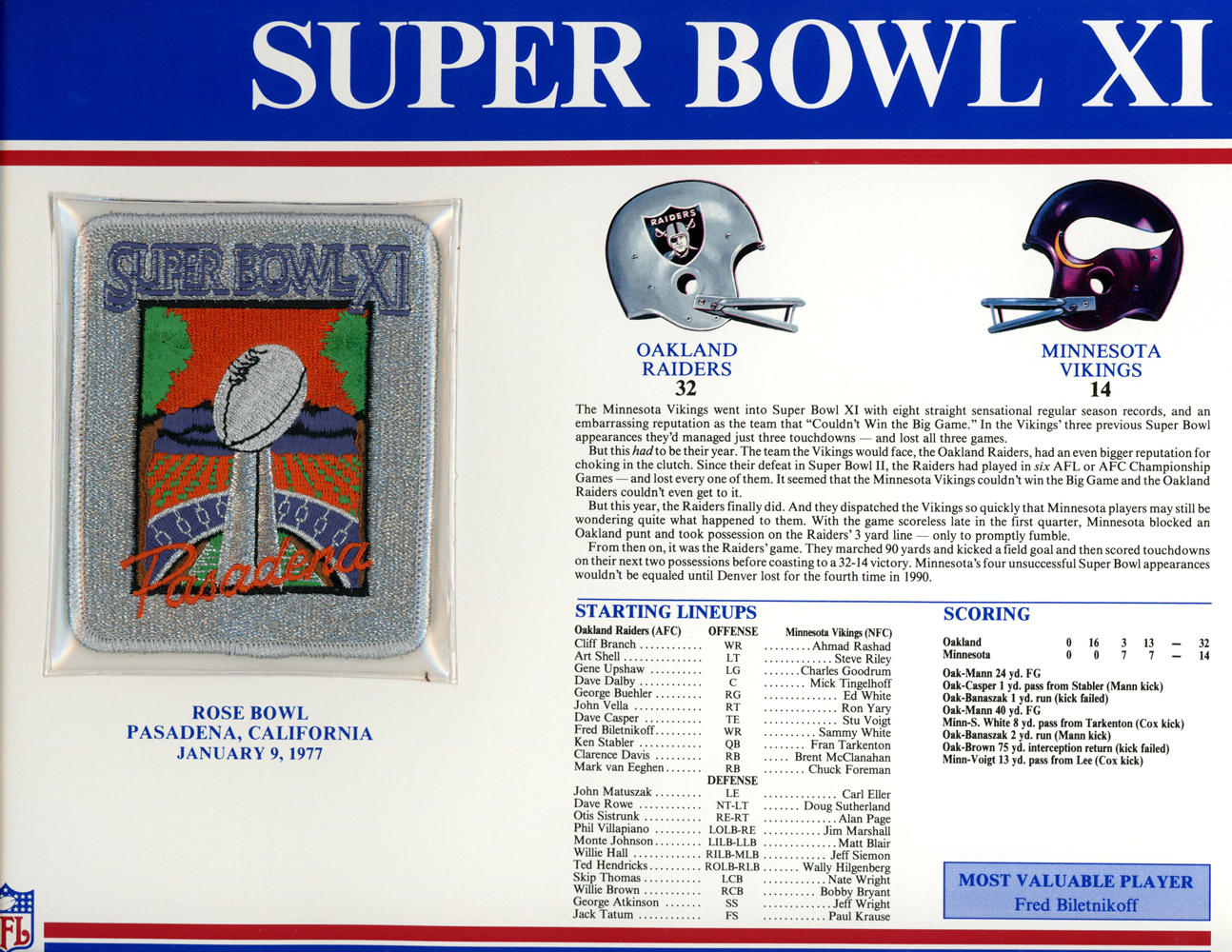 Super Bowl XI Patch Stat Card Official Willabee & Ward