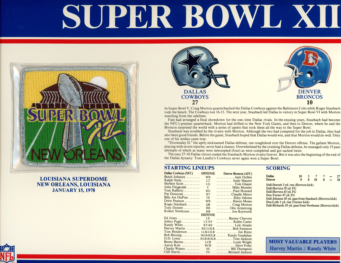 Super Bowl XII Patch Stat Card Official Willabee & Ward