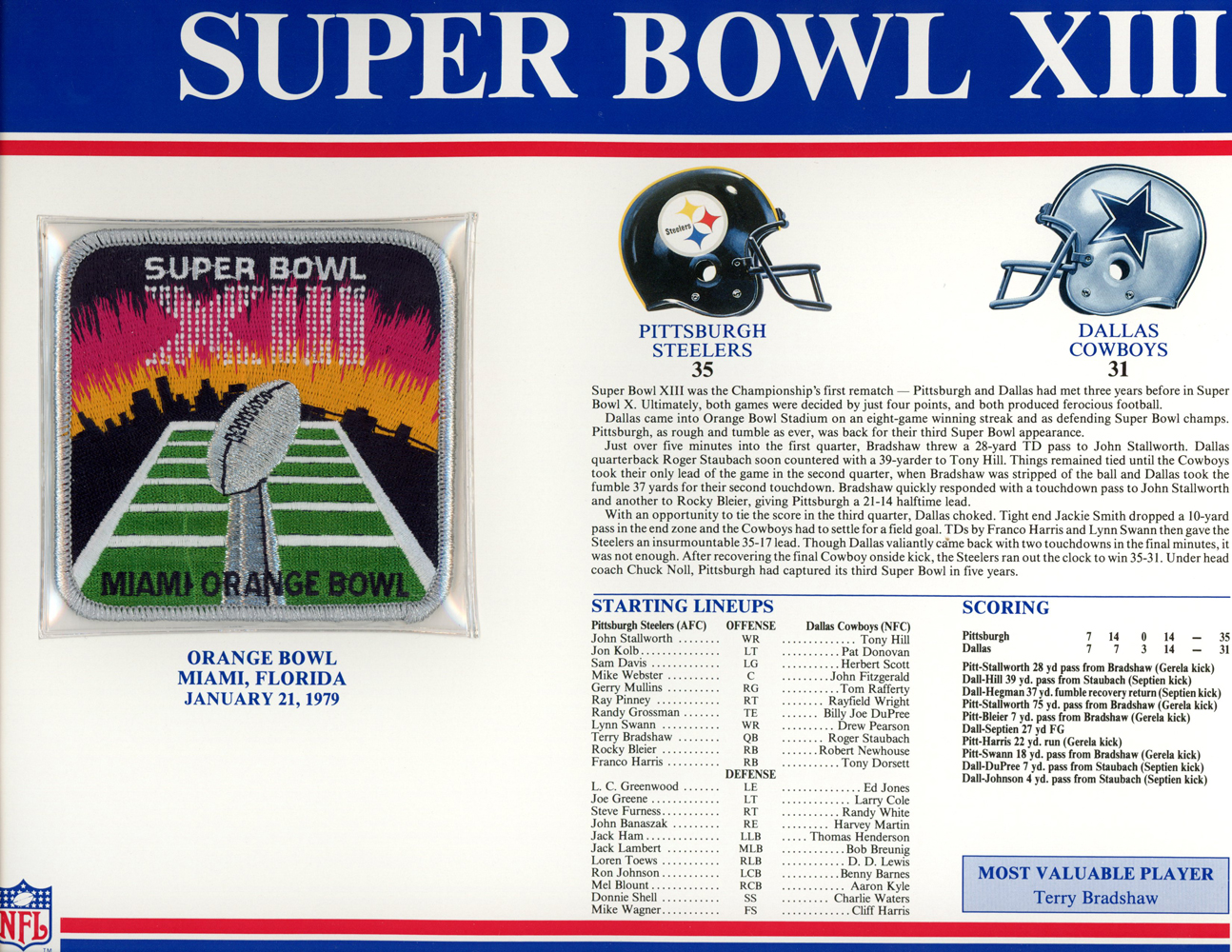 Super Bowl XIII Patch Stat Card Official Willabee & Ward