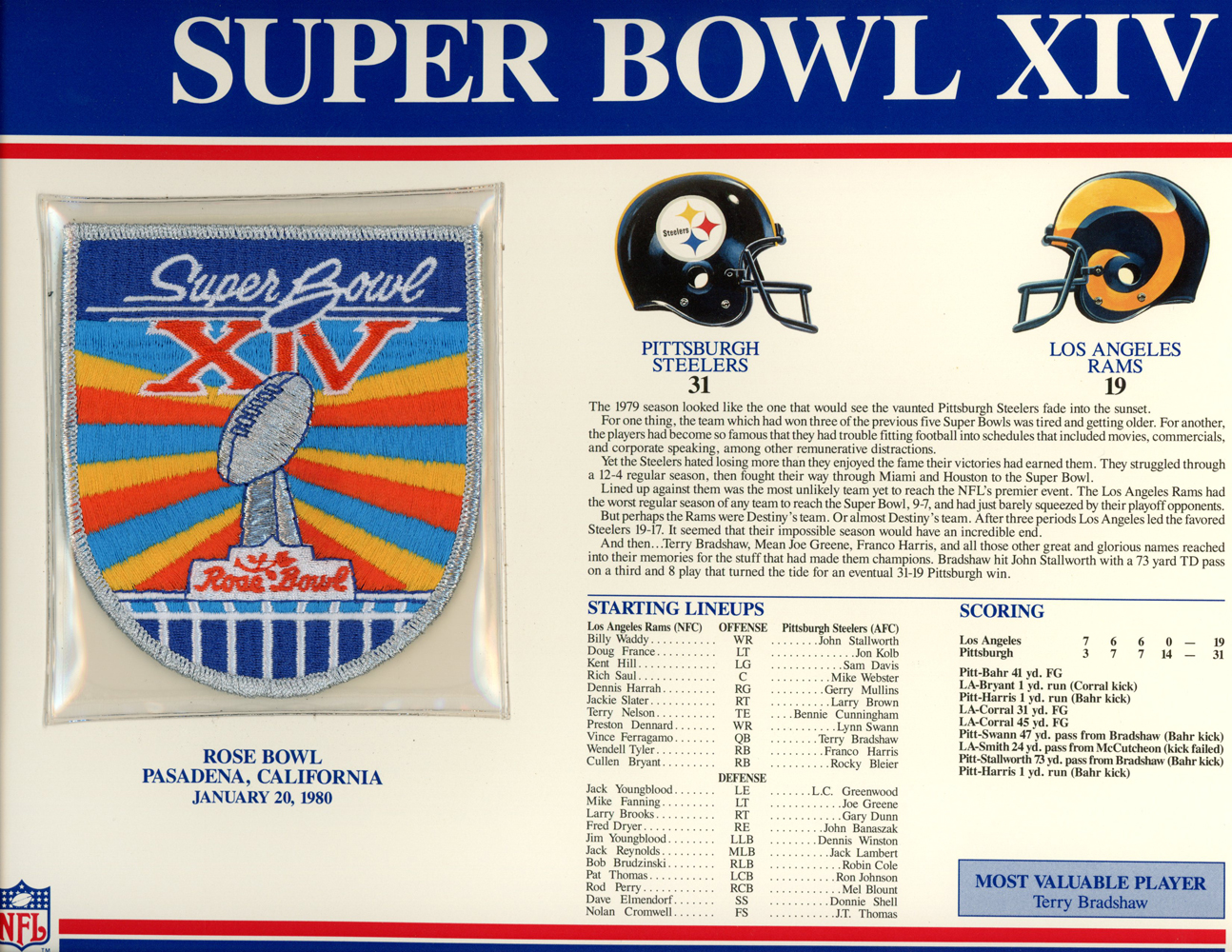 Super Bowl XIV Patch Stat Card Official Willabee & Ward
