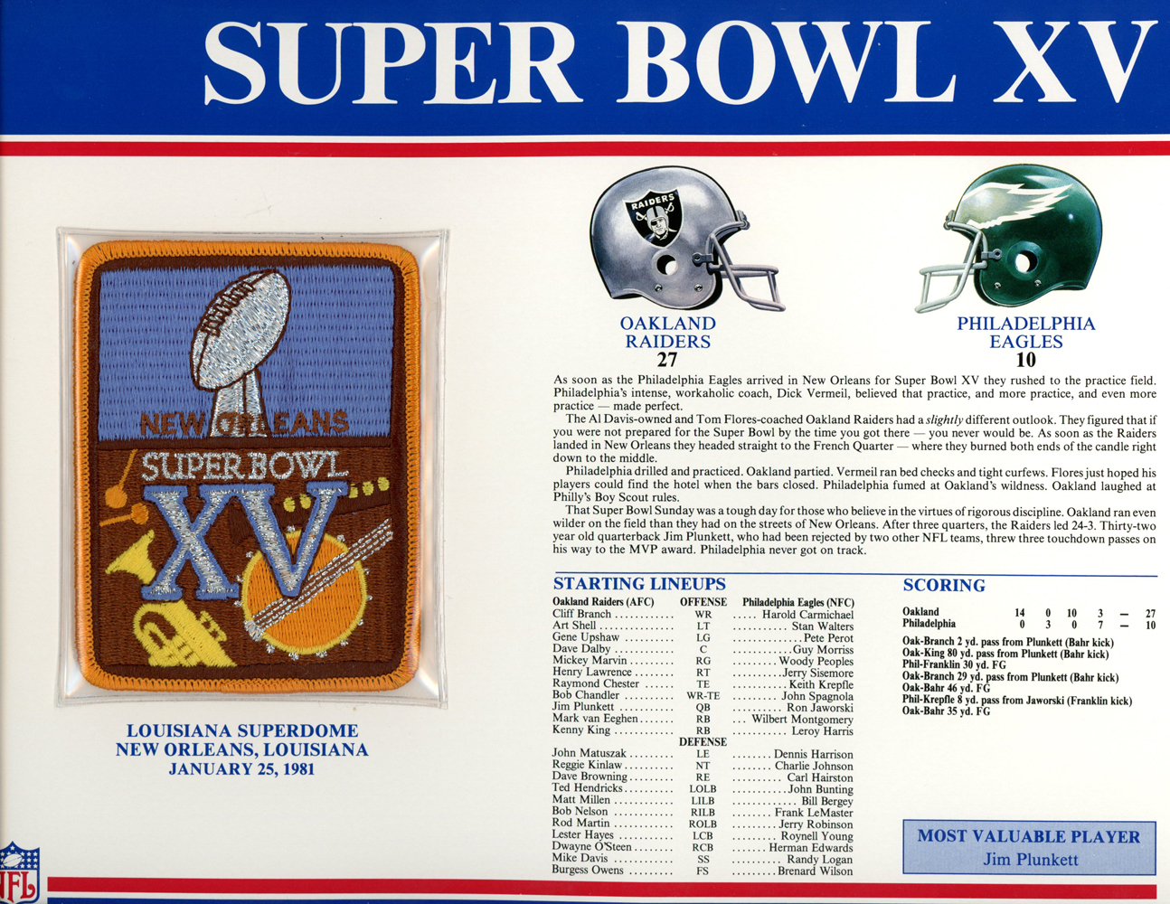 Super Bowl XV Patch Stat Card Official Willabee & Ward