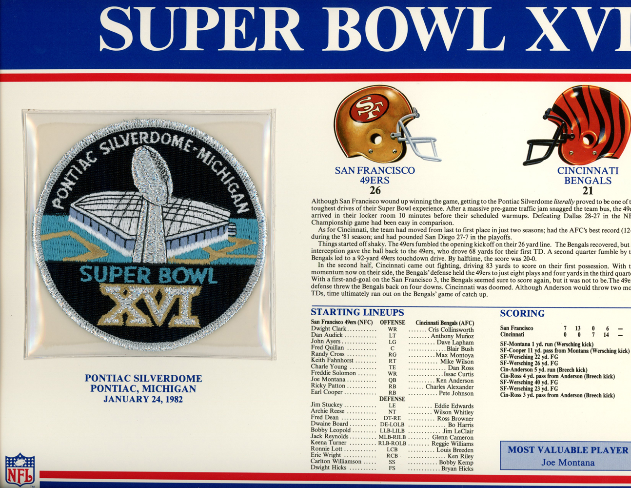 Super Bowl XVI Patch Stat Card Official Willabee & Ward