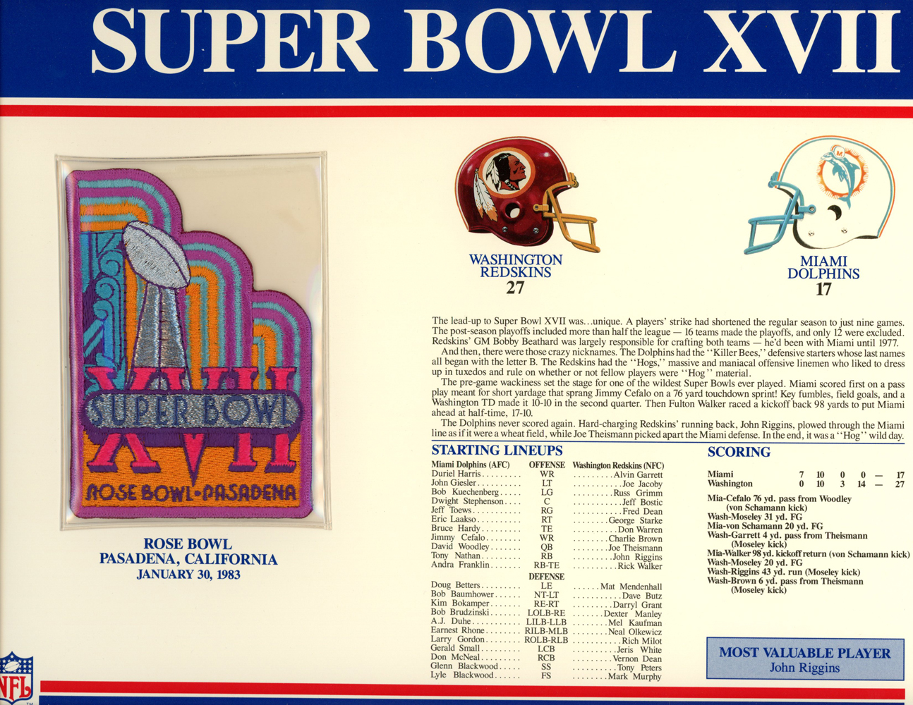 Super Bowl XVII Patch Stat Card Official Willabee & Ward