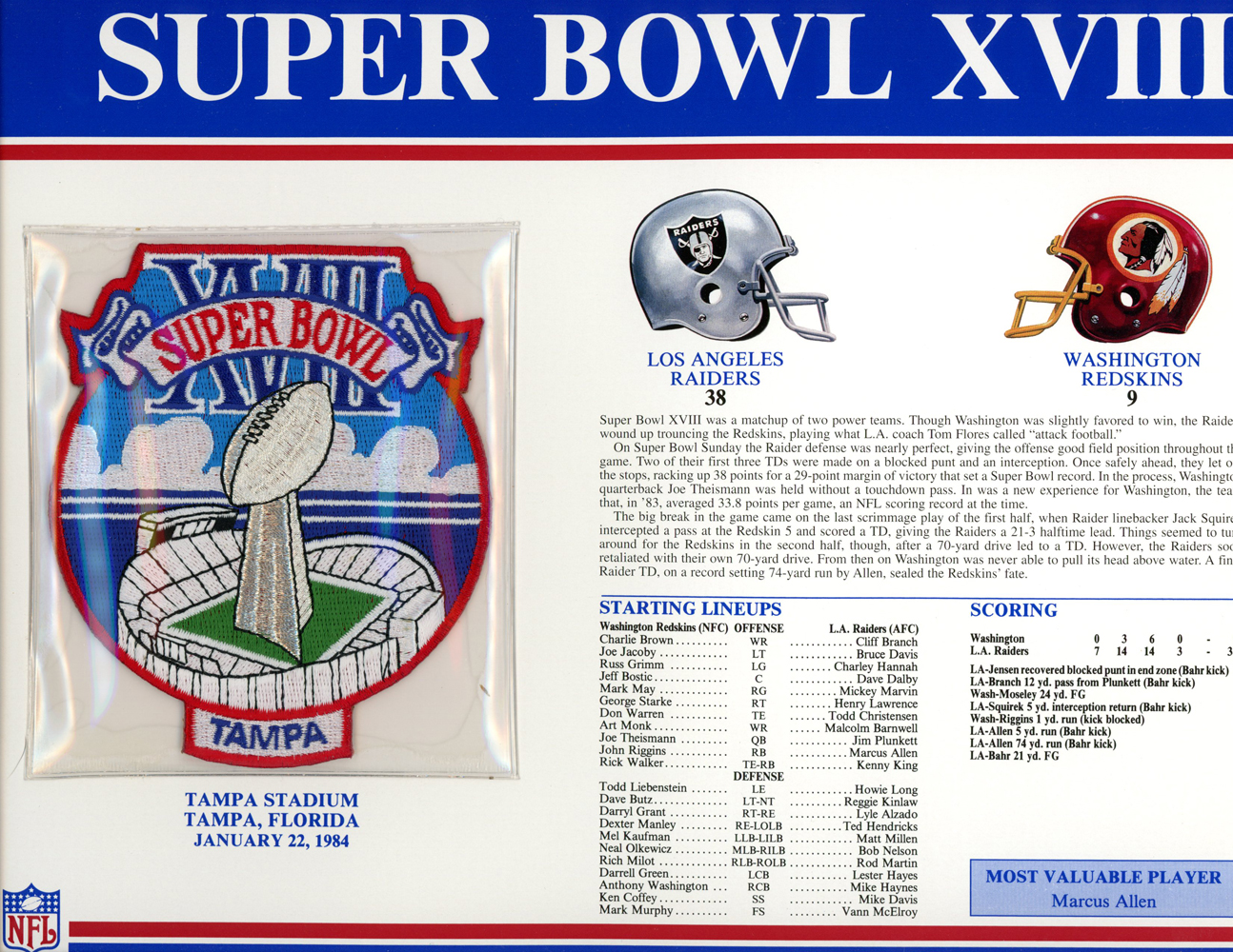 Super Bowl XVIII Patch Stat Card Official Willabee & Ward
