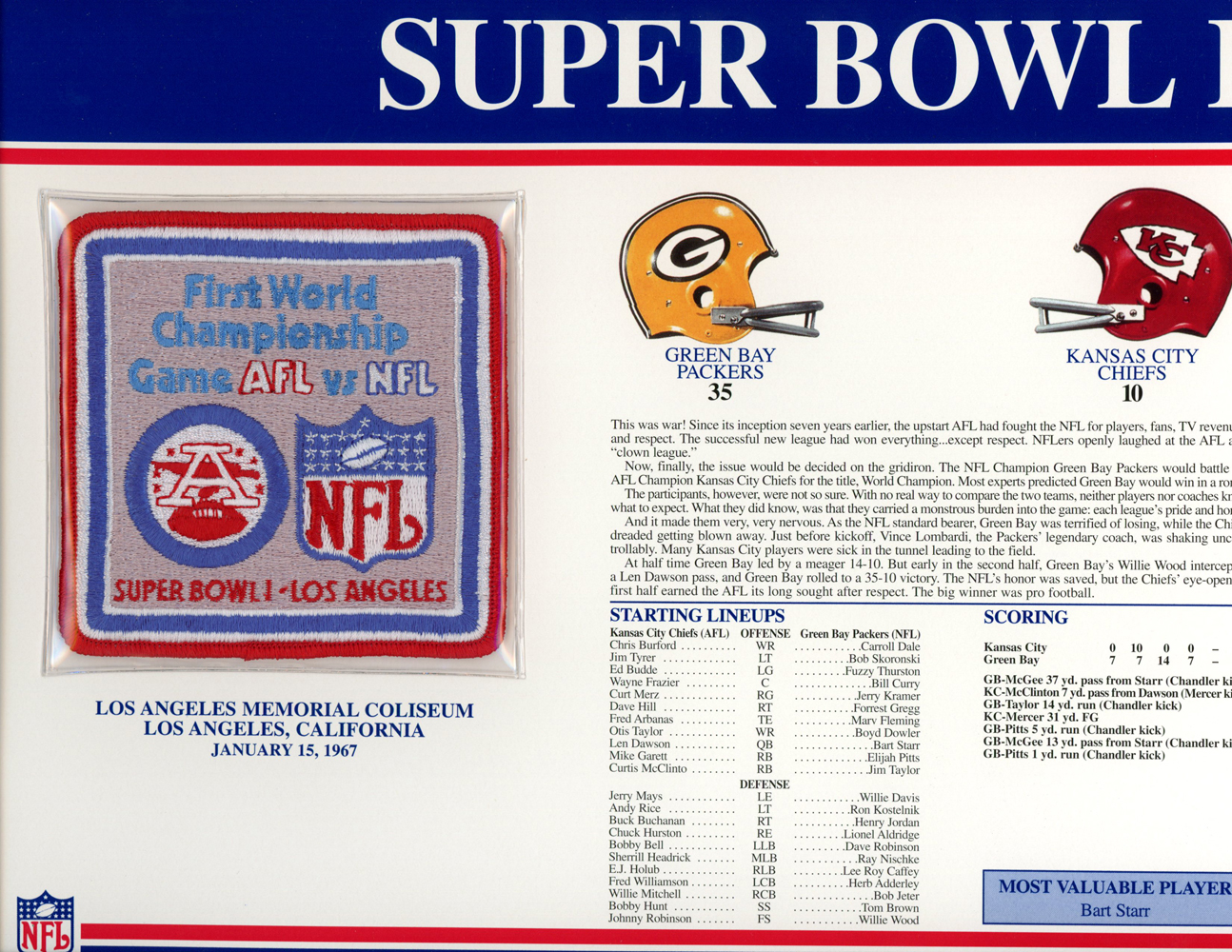 Super Bowl I Patch Stat Card Official Willabee & Ward