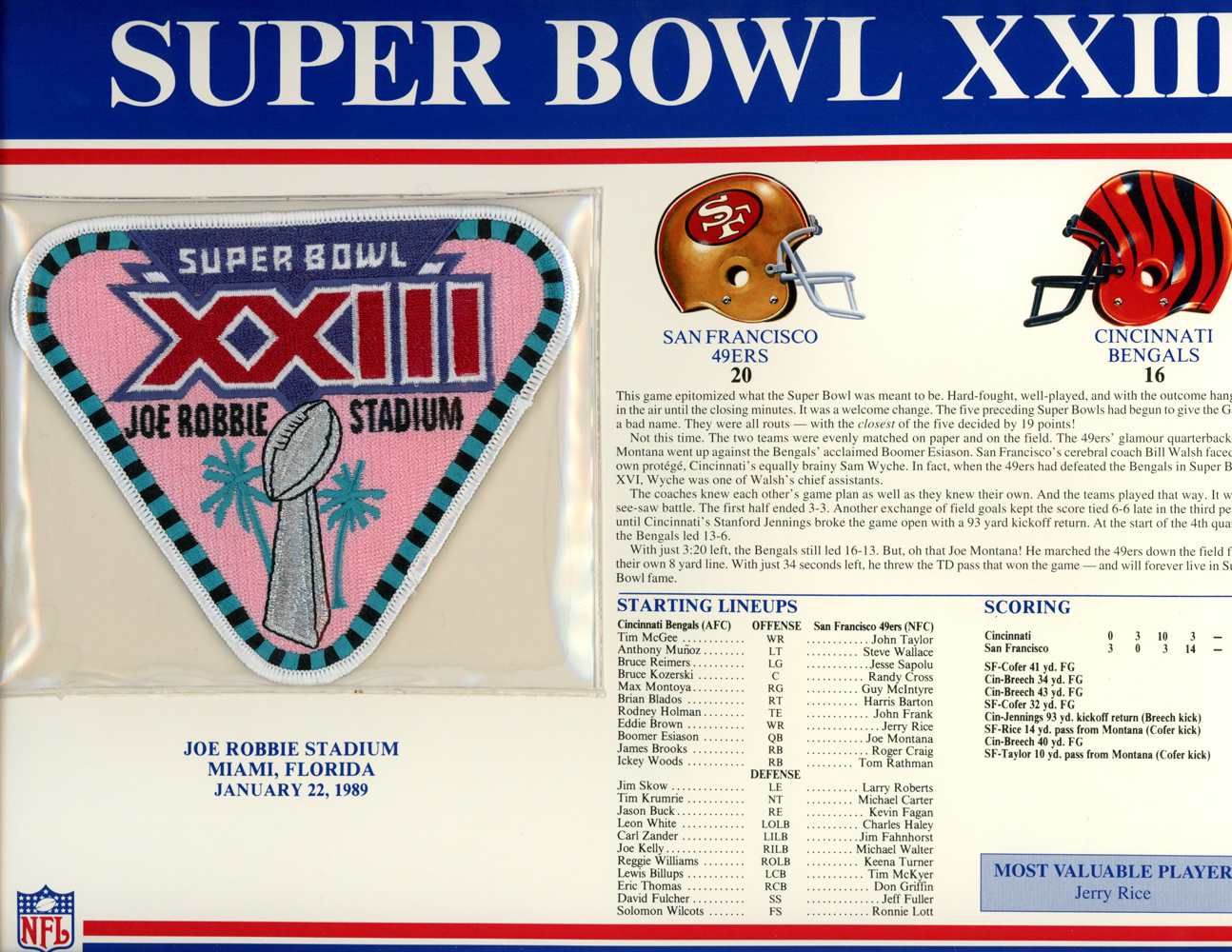 Super Bowl XXIII Patch Stat Card Official Willabee & Ward