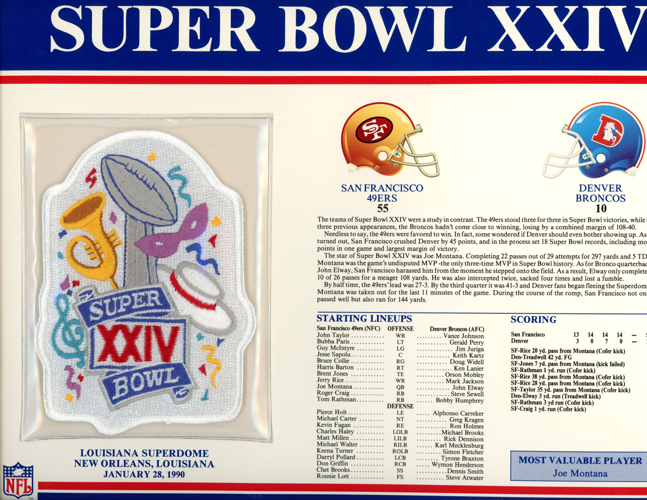 Super Bowl XXIV Patch Stat Card Official Willabee & Ward