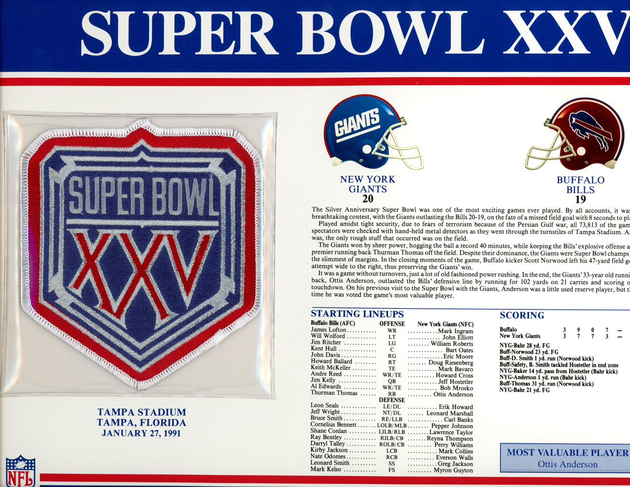 Super Bowl XXV Patch Stat Card Official Willabee & Ward