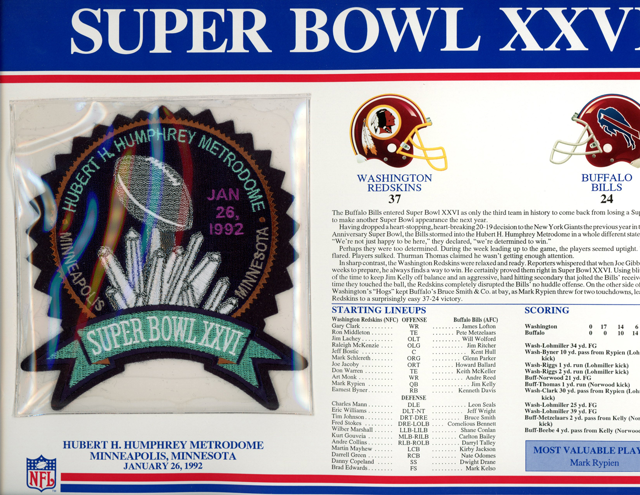 Super Bowl XXVI Patch Stat Card Official Willabee & Ward