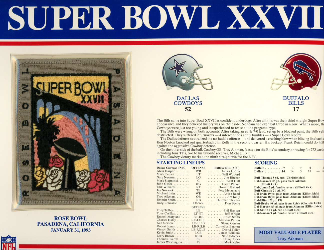 Super Bowl XXVII Patch Stat Card Official Willabee & Ward
