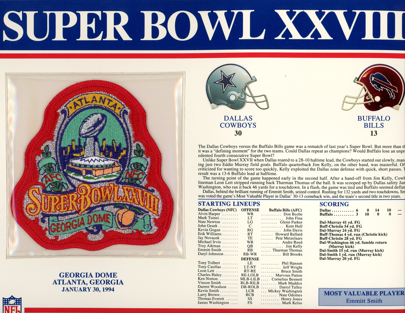 Super Bowl XXVIII Patch Stat Card Official Willabee & Ward