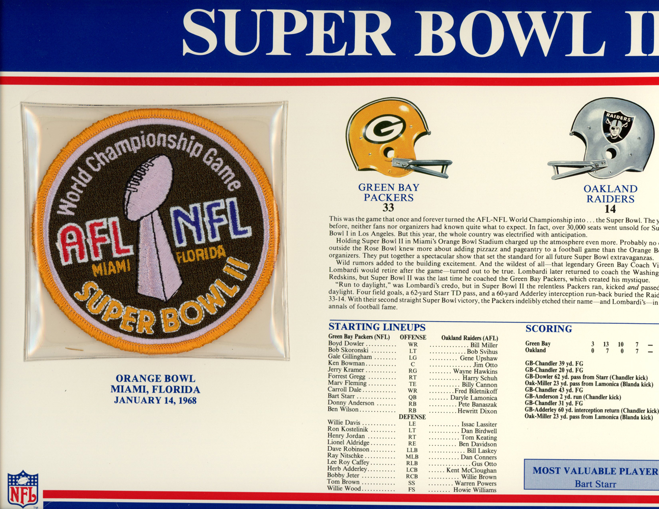 Super Bowl II Patch Stat Card Official Willabee & Ward