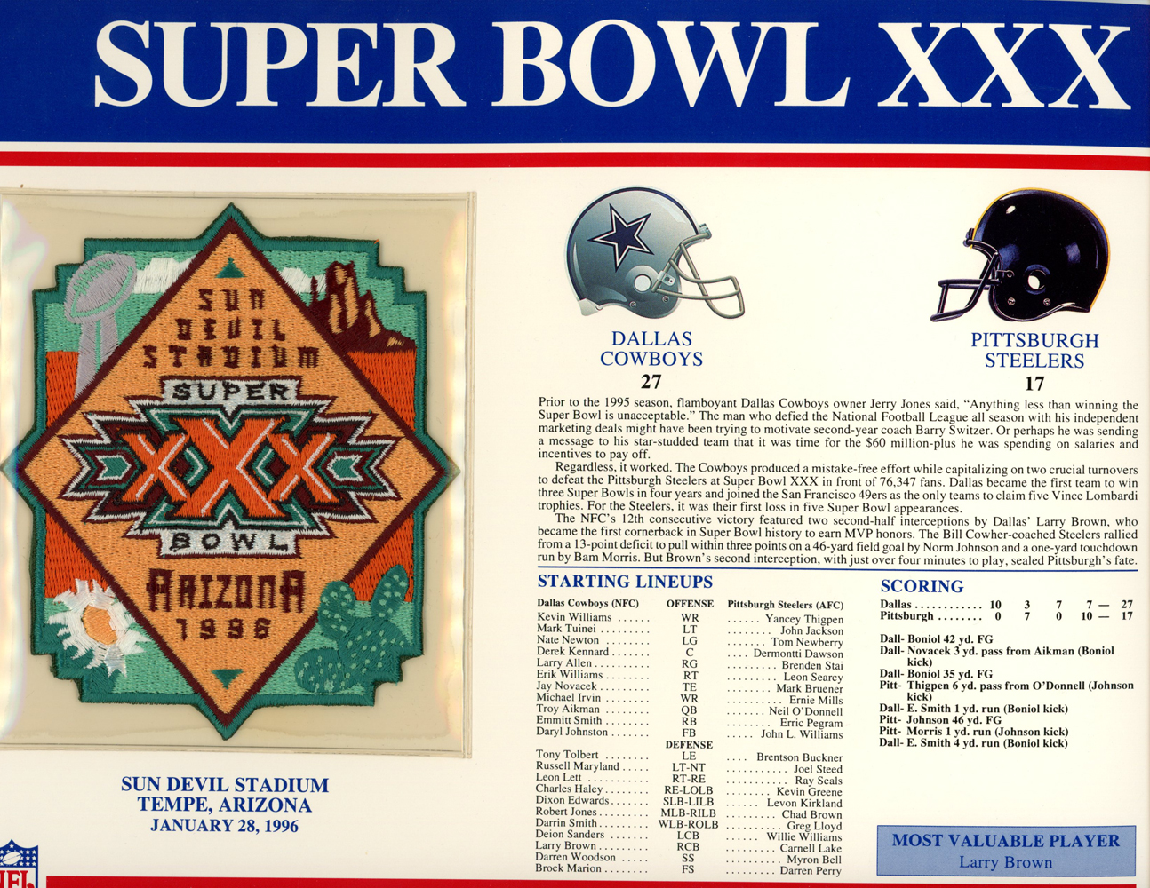 Super Bowl XXX Patch Stat Card Official Willabee & Ward
