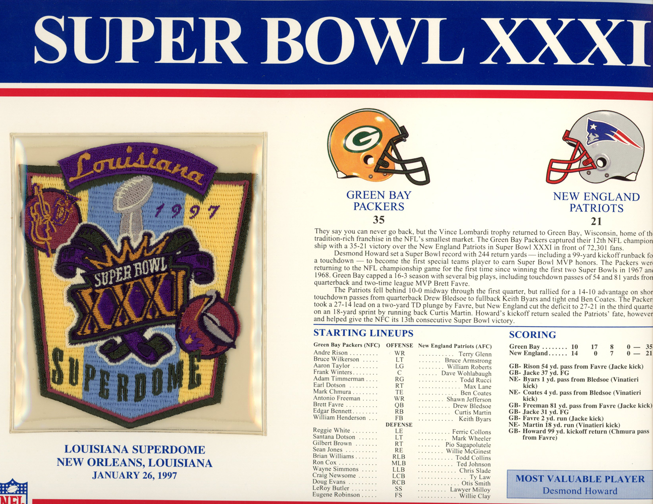 Super Bowl XXXI Patch Stat Card Official Willabee & Ward