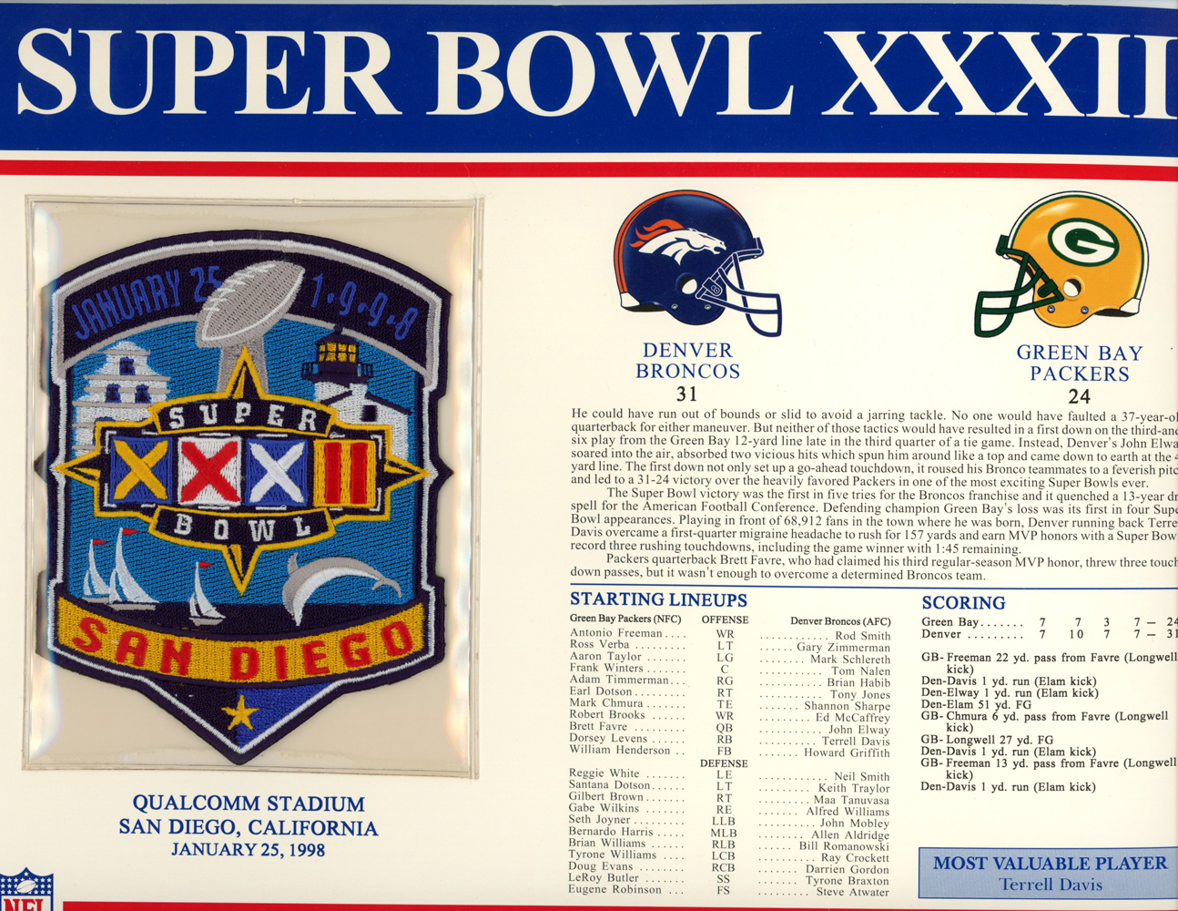 Super Bowl XXXII Patch Stat Card Official Willabee & Ward