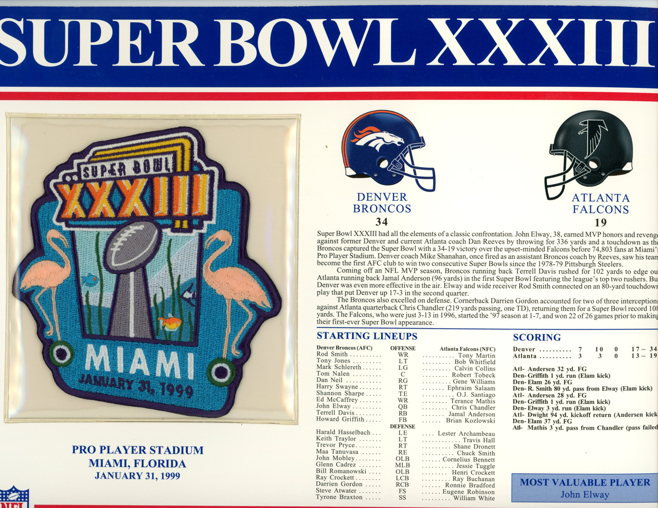 Super Bowl XXXIII Patch Stat Card Official Willabee & Ward