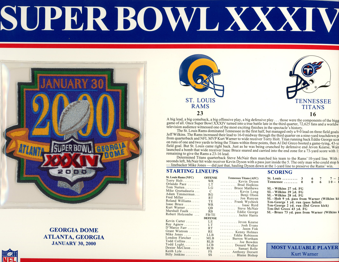 Super Bowl XXXIV Patch Stat Card Official Willabee & Ward