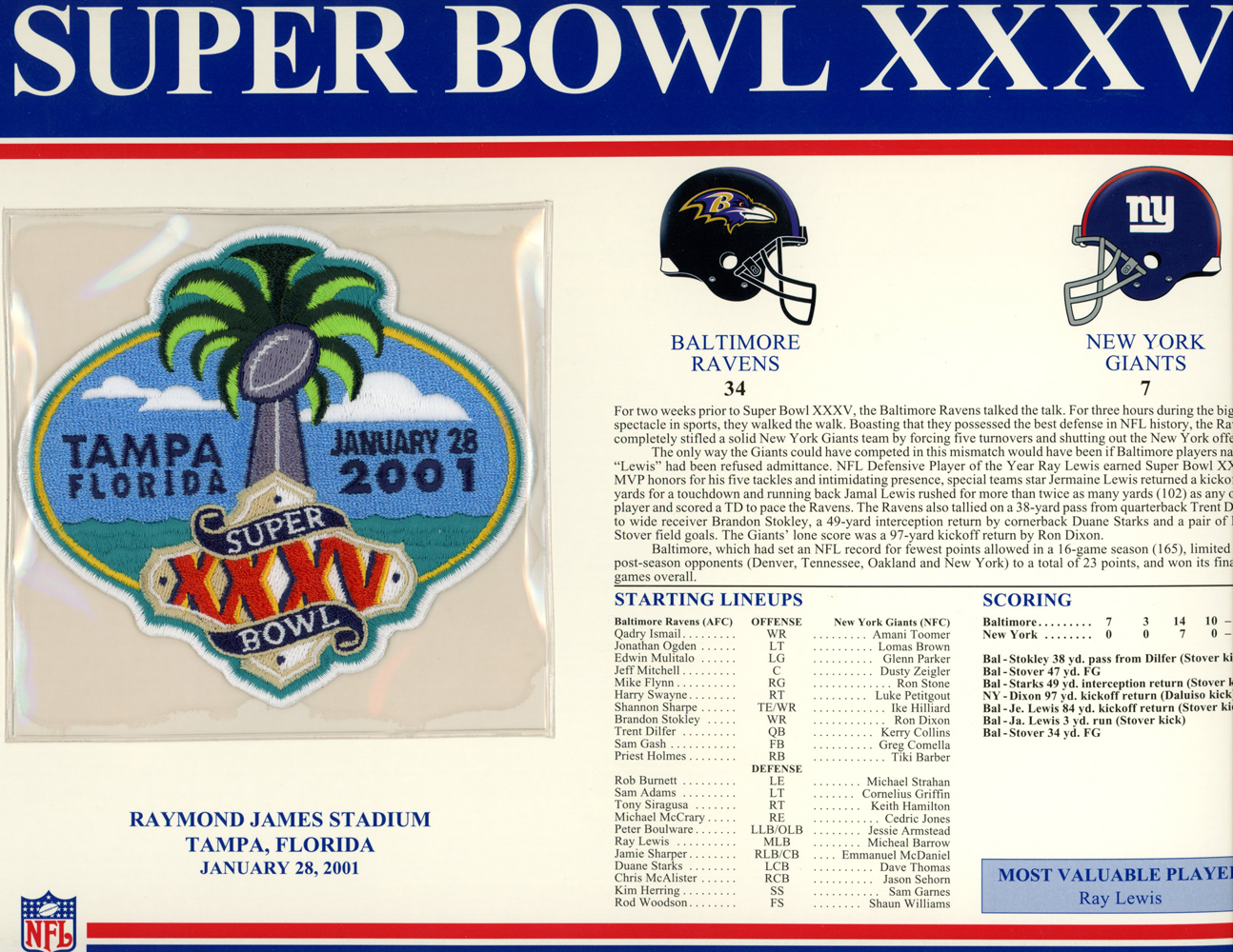 Super Bowl XXXV Patch Stat Card Official Willabee & Ward