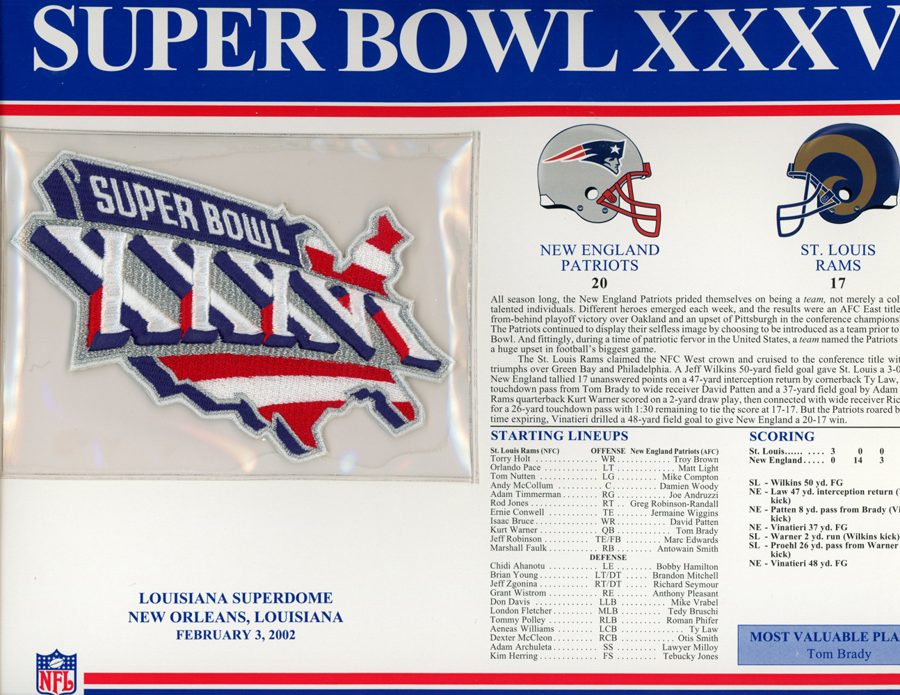 Super Bowl XXXVI Patch Stat Card Official Willabee & Ward