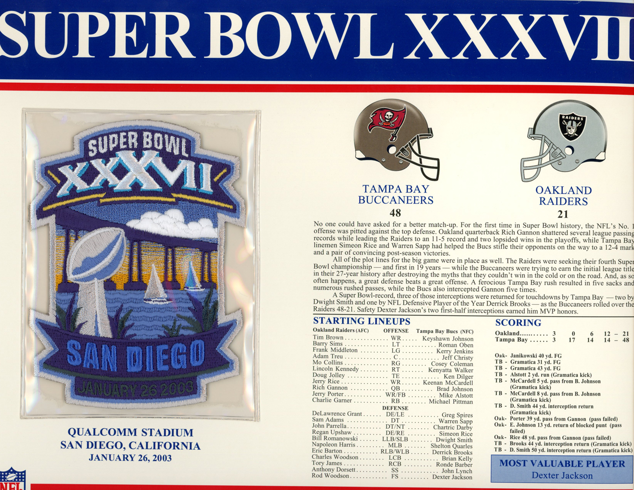 Super Bowl XXXVII Patch Stat Card Official Willabee & Ward